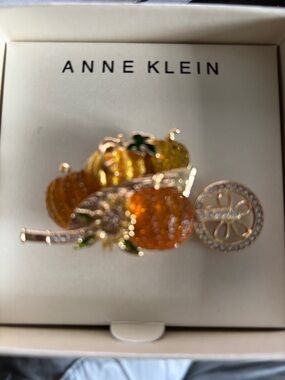 Anne Klein Gold-Tone Pumpkin Cart Brooch with Orange Enamel